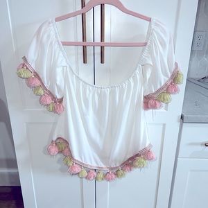 Pink Delicious off the shoulder fringe crop top. Size small good condition.